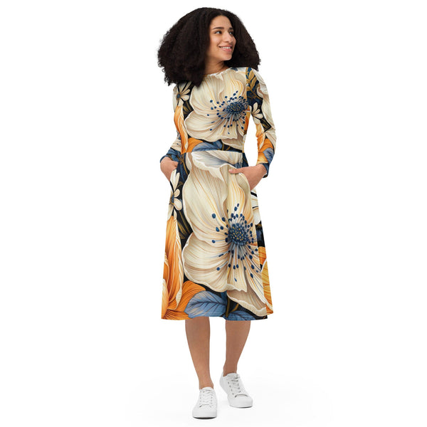 Womens Long Sleeve Midi Dress - Floral Blue Print-0