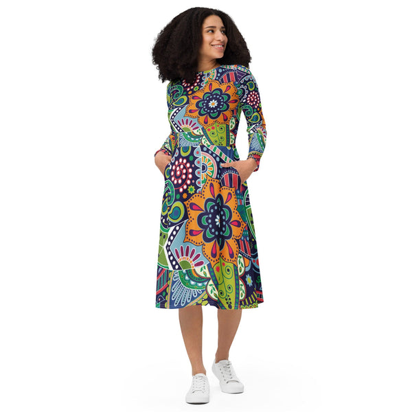 Womens Long Sleeve Midi Dress - Floral Paisley 22523-0