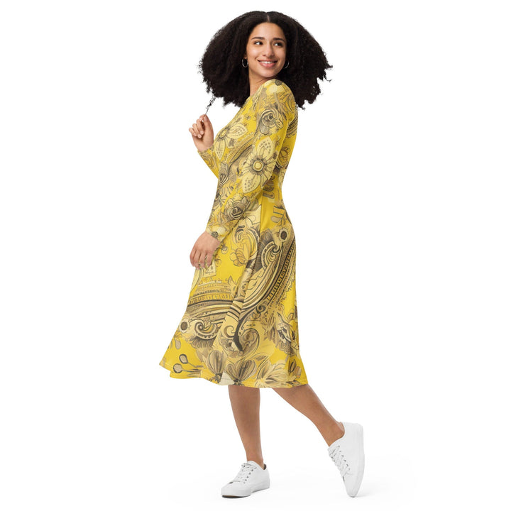 Womens Long Sleeve Midi Dress - Floral Yellow Bandanna Print-2