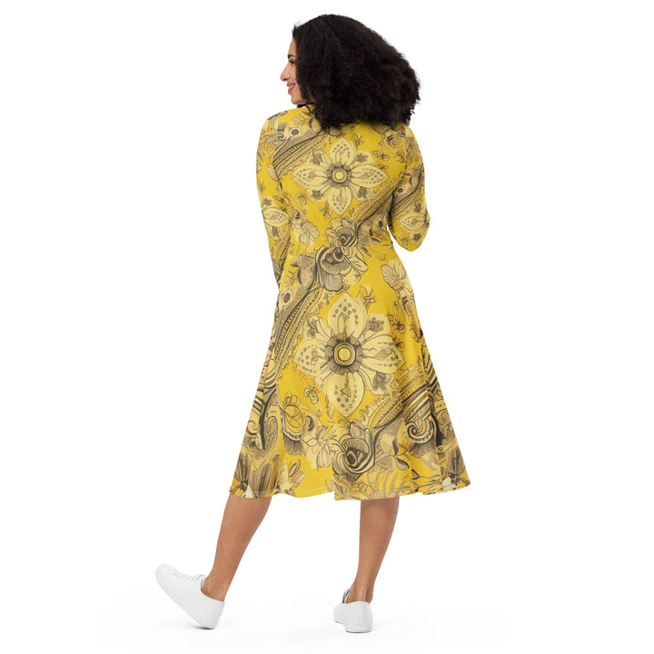 Womens Long Sleeve Midi Dress - Floral Yellow Bandanna Print-1