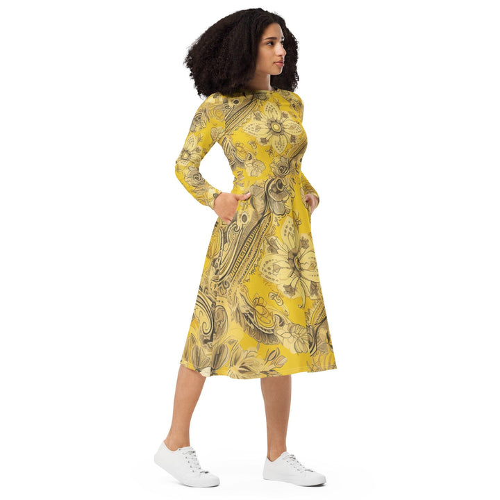 Womens Long Sleeve Midi Dress - Floral Yellow Bandanna Print-3