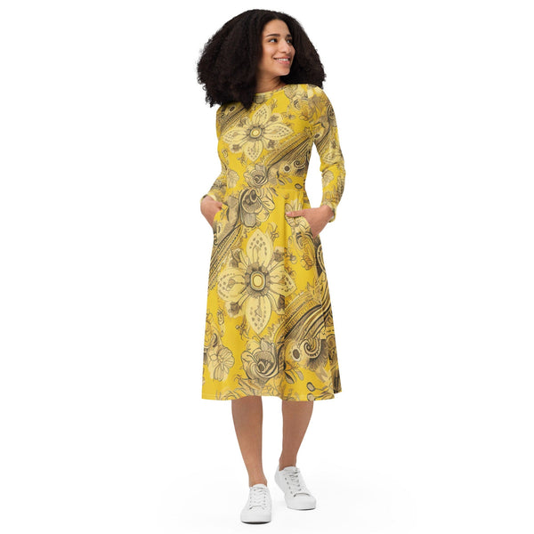 Womens Long Sleeve Midi Dress - Floral Yellow Bandanna Print-0