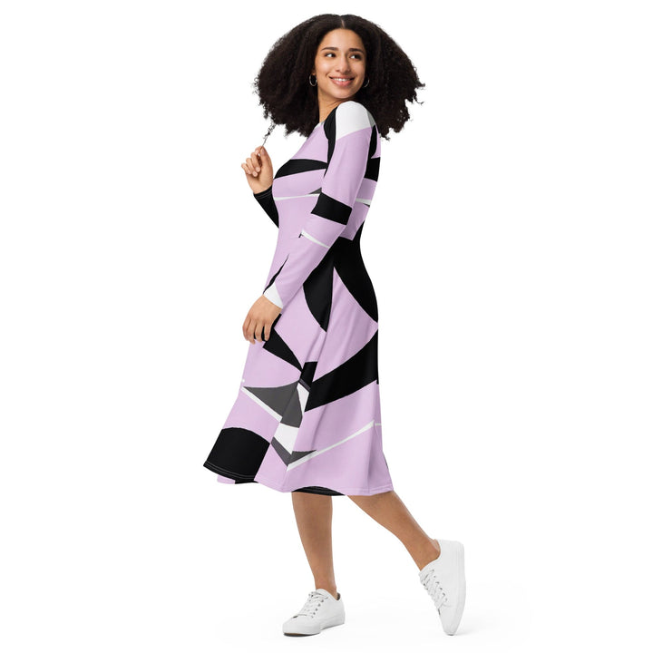 Womens Long Sleeve Midi Dress - Geometric Lavender and Black Pattern 2-2