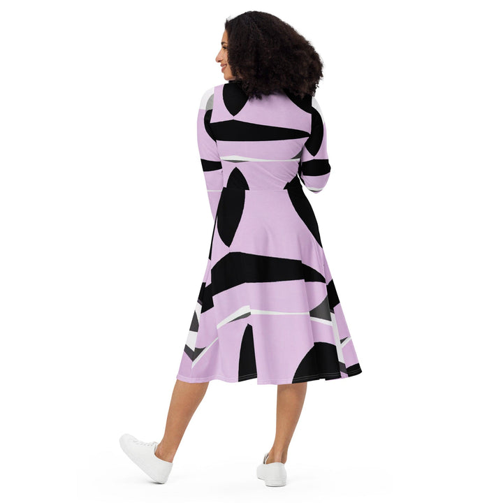 Womens Long Sleeve Midi Dress - Geometric Lavender and Black Pattern 2-4