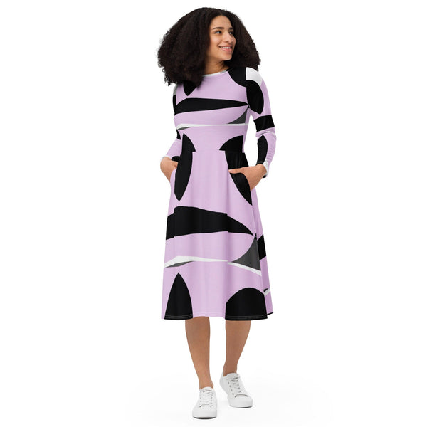 Womens Long Sleeve Midi Dress - Geometric Lavender and Black Pattern 2-0
