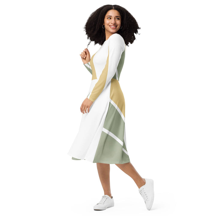 Womens Long Sleeve Midi Dress - Green Abstract Geometric Pattern-2