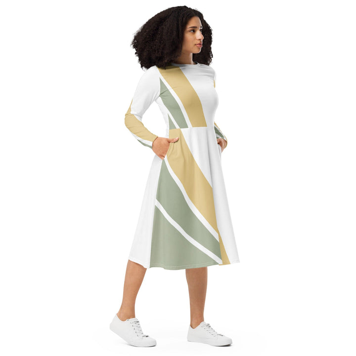 Womens Long Sleeve Midi Dress - Green Abstract Geometric Pattern-3