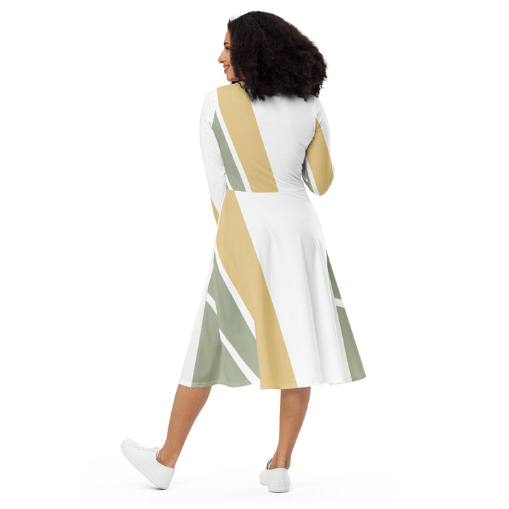 Womens Long Sleeve Midi Dress - Green Abstract Geometric Pattern-1