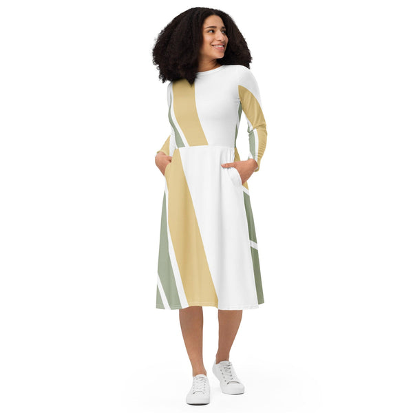 Womens Long Sleeve Midi Dress - Green Abstract Geometric Pattern-0