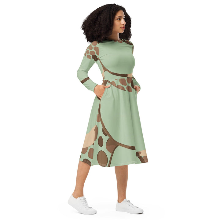 Womens Long Sleeve Midi Dress - Green Beige Spotted Print-3