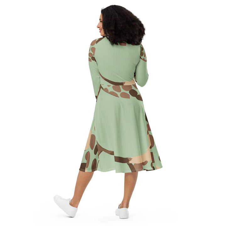 Womens Long Sleeve Midi Dress - Green Beige Spotted Print-4