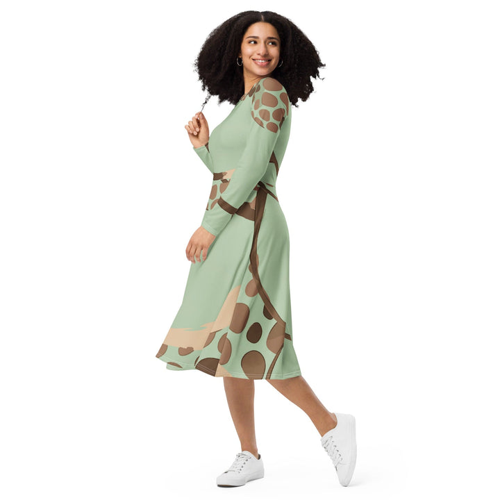 Womens Long Sleeve Midi Dress - Green Beige Spotted Print-2