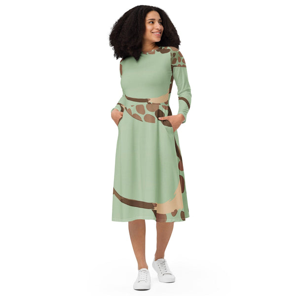 Womens Long Sleeve Midi Dress - Green Beige Spotted Print-0