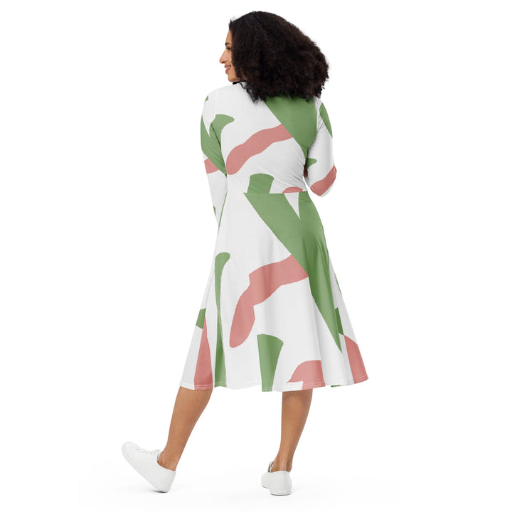 Womens Long Sleeve Midi Dress - Green Mauve Abstract Brush Stroke-4