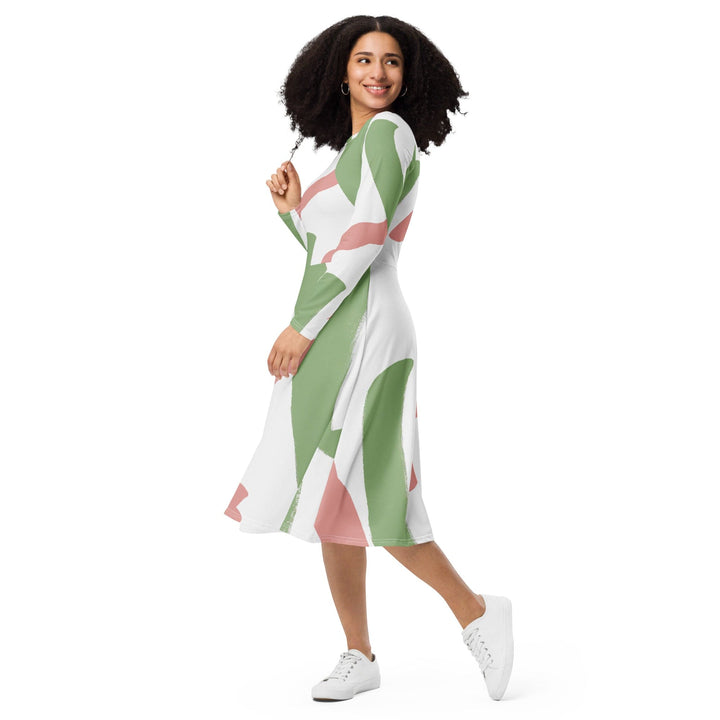 Womens Long Sleeve Midi Dress - Green Mauve Abstract Brush Stroke-3