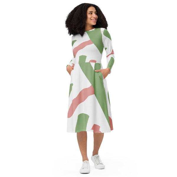 Womens Long Sleeve Midi Dress - Green Mauve Abstract Brush Stroke-0