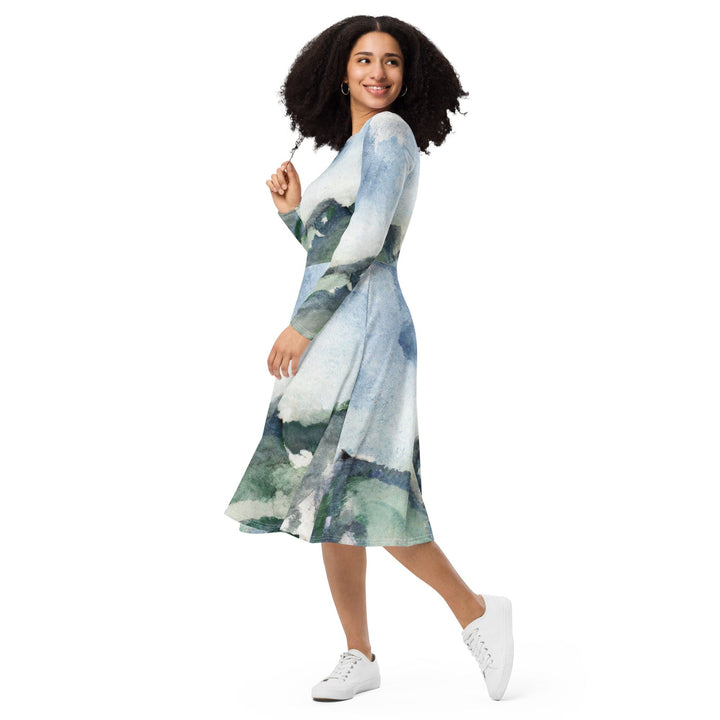Womens Long Sleeve Midi Dress - Green Mountainside Nature Landscape-2