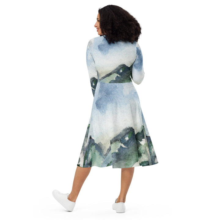 Womens Long Sleeve Midi Dress - Green Mountainside Nature Landscape-4
