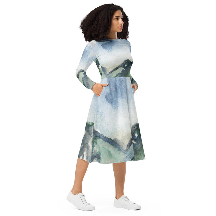 Womens Long Sleeve Midi Dress - Green Mountainside Nature Landscape-3