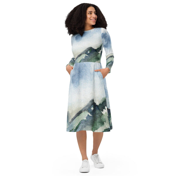 Womens Long Sleeve Midi Dress - Green Mountainside Nature Landscape-0