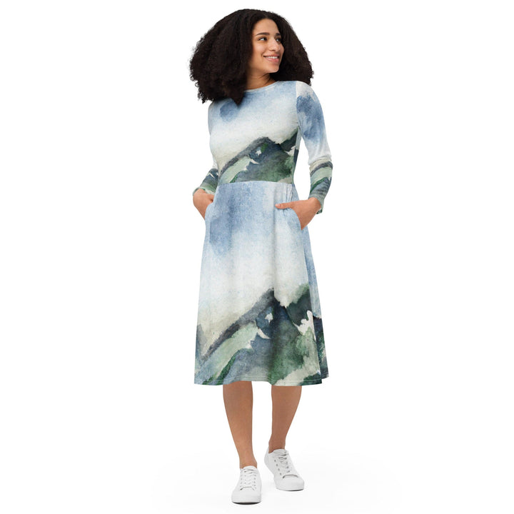Womens Long Sleeve Midi Dress - Green Mountainside Nature Landscape-0