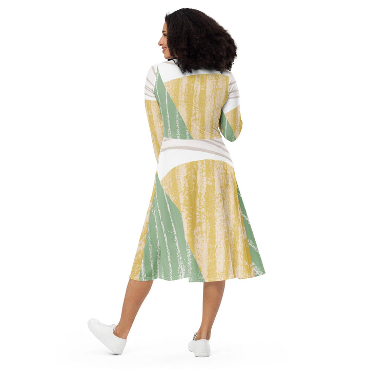Womens Long Sleeve Midi Dress - Green Textured Boho Pattern-1