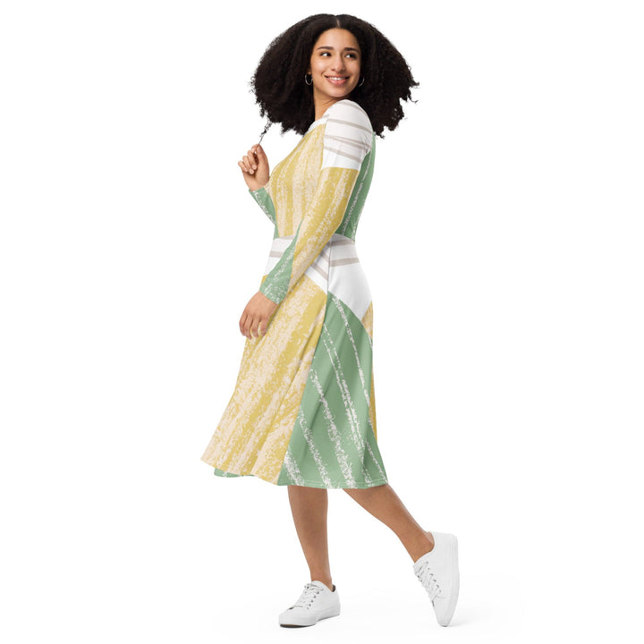 Womens Long Sleeve Midi Dress - Green Textured Boho Pattern-2