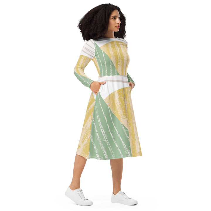 Womens Long Sleeve Midi Dress - Green Textured Boho Pattern-3