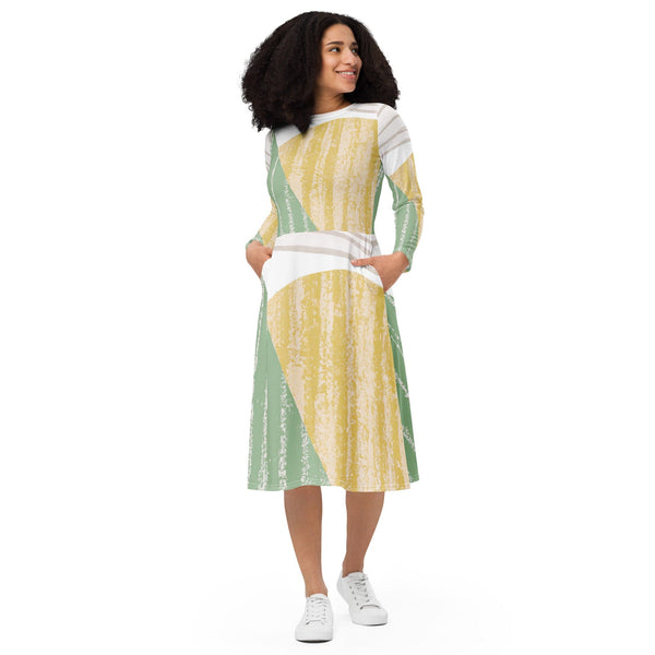 Womens Long Sleeve Midi Dress - Green Textured Boho Pattern-0