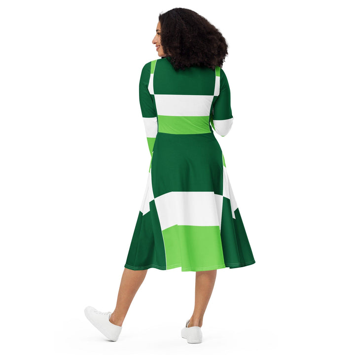 Womens Long Sleeve Midi Dress - Green White Colorblock Grid Lines-4