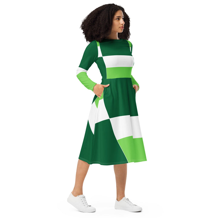 Womens Long Sleeve Midi Dress - Green White Colorblock Grid Lines-3