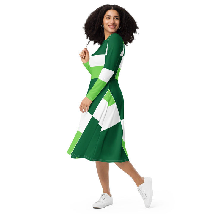 Womens Long Sleeve Midi Dress - Green White Colorblock Grid Lines-2