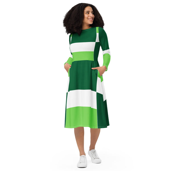 Womens Long Sleeve Midi Dress - Green White Colorblock Grid Lines-0