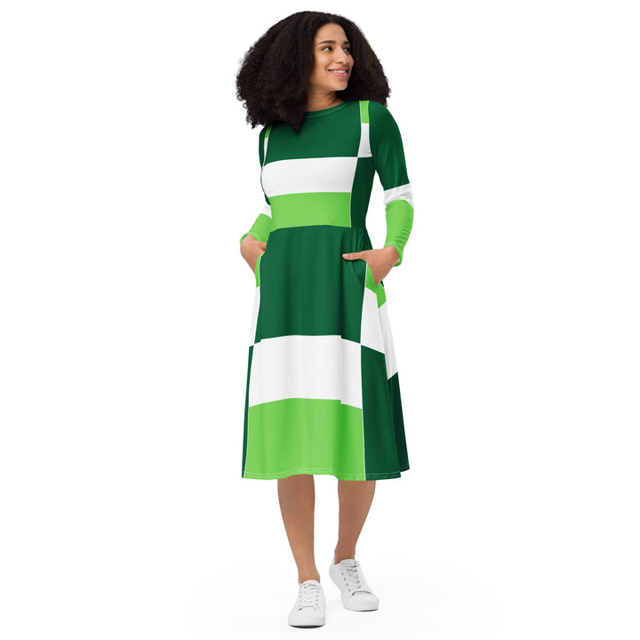 Womens Long Sleeve Midi Dress - Green White Colorblock Grid Lines-0