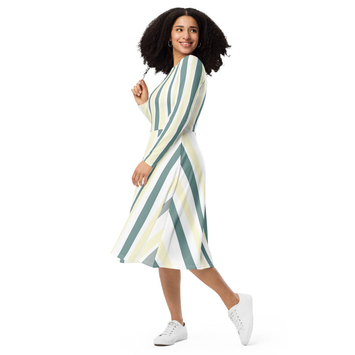 Womens Long Sleeve Midi Dress - Green Yellow Geometric Lines-2