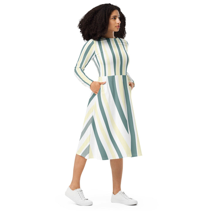 Womens Long Sleeve Midi Dress - Green Yellow Geometric Lines-3