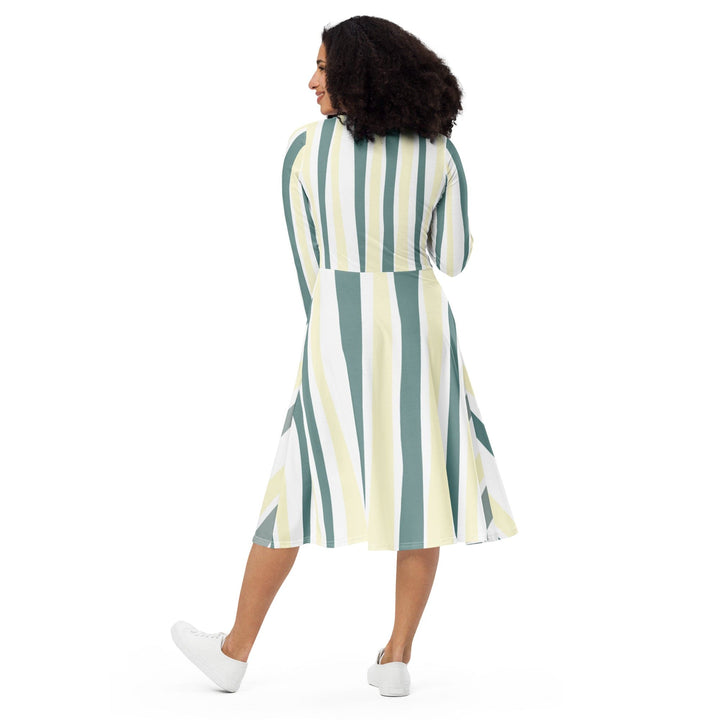 Womens Long Sleeve Midi Dress - Green Yellow Geometric Lines-1