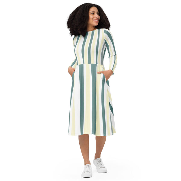 Womens Long Sleeve Midi Dress - Green Yellow Geometric Lines-0