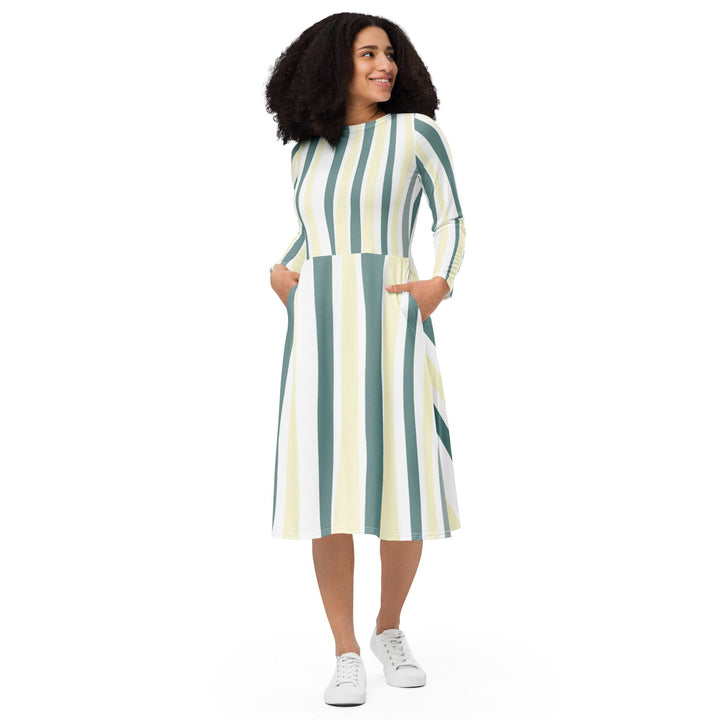 Womens Long Sleeve Midi Dress - Green Yellow Geometric Lines-0