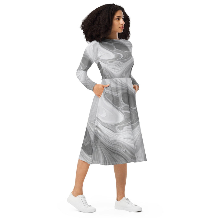Womens Long Sleeve Midi Dress - Grey White Boho Marble Print-3