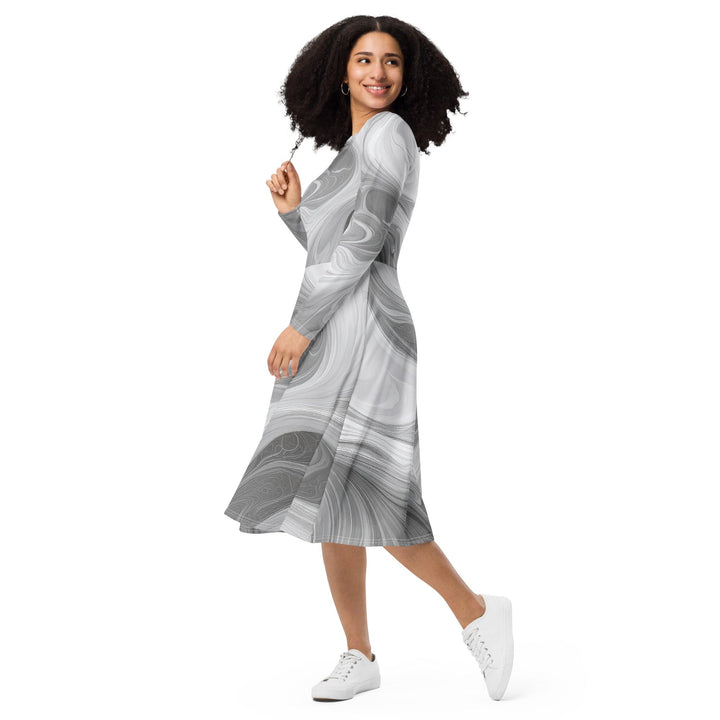 Womens Long Sleeve Midi Dress - Grey White Boho Marble Print-2