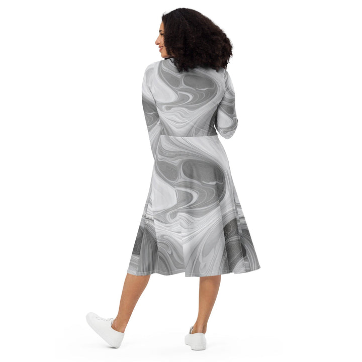 Womens Long Sleeve Midi Dress - Grey White Boho Marble Print-1