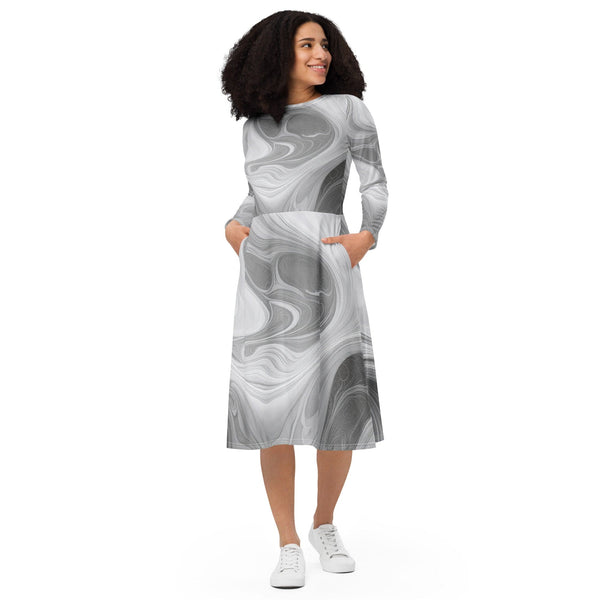 Womens Long Sleeve Midi Dress - Grey White Boho Marble Print-0