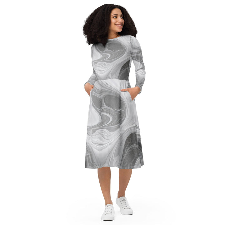 Womens Long Sleeve Midi Dress - Grey White Boho Marble Print-0