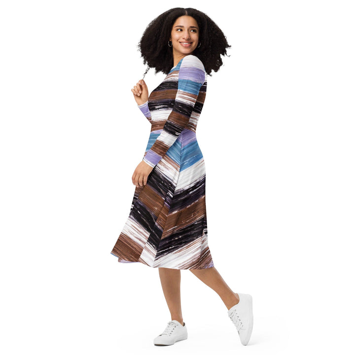 Womens Long Sleeve Midi Dress - Lavender Black Brown Rustic Pattern-2