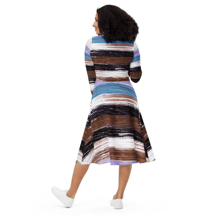 Womens Long Sleeve Midi Dress - Lavender Black Brown Rustic Pattern-1