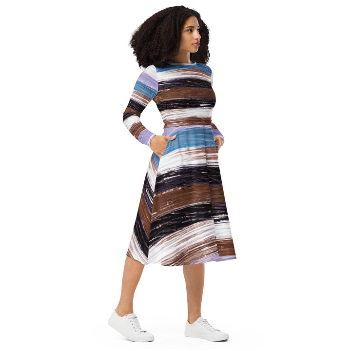 Womens Long Sleeve Midi Dress - Lavender Black Brown Rustic Pattern-3