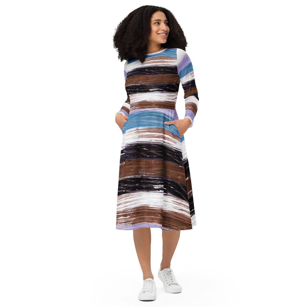 Womens Long Sleeve Midi Dress - Lavender Black Brown Rustic Pattern-0