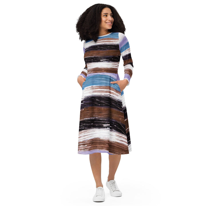 Womens Long Sleeve Midi Dress - Lavender Black Brown Rustic Pattern-0