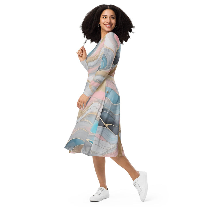 Womens Long Sleeve Midi Dress - Marble Cloud of Grey Pink Blue 82395-2